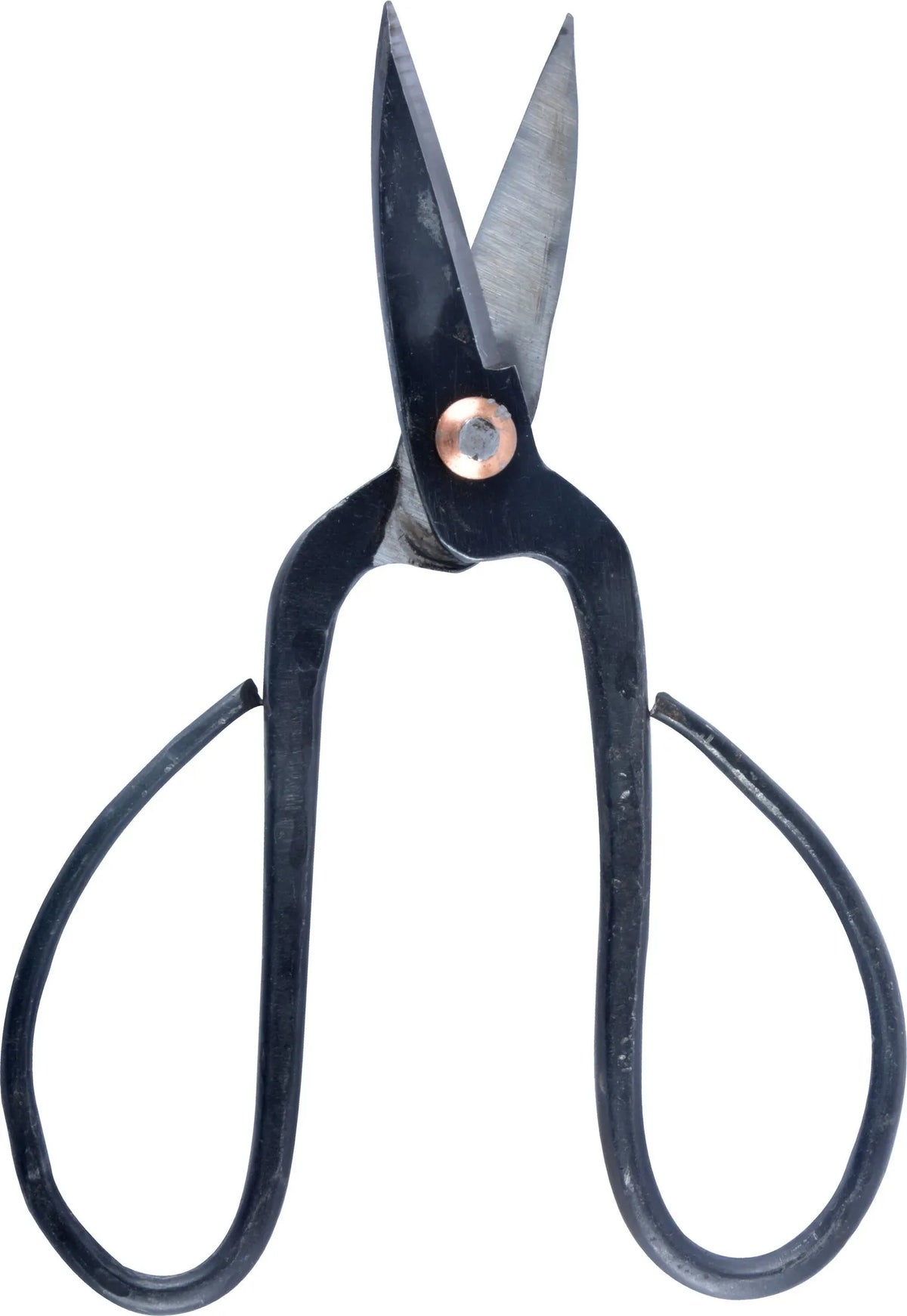 Open Japanese bonsai shears on white background, highlighting sharp carbon steel blades and ergonomic grip.

