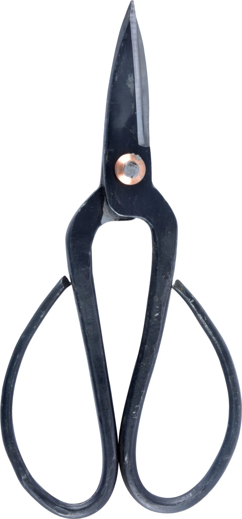 Close-up of large Japanese pruning shears with matte black handles and copper screw, shown on a white background.
