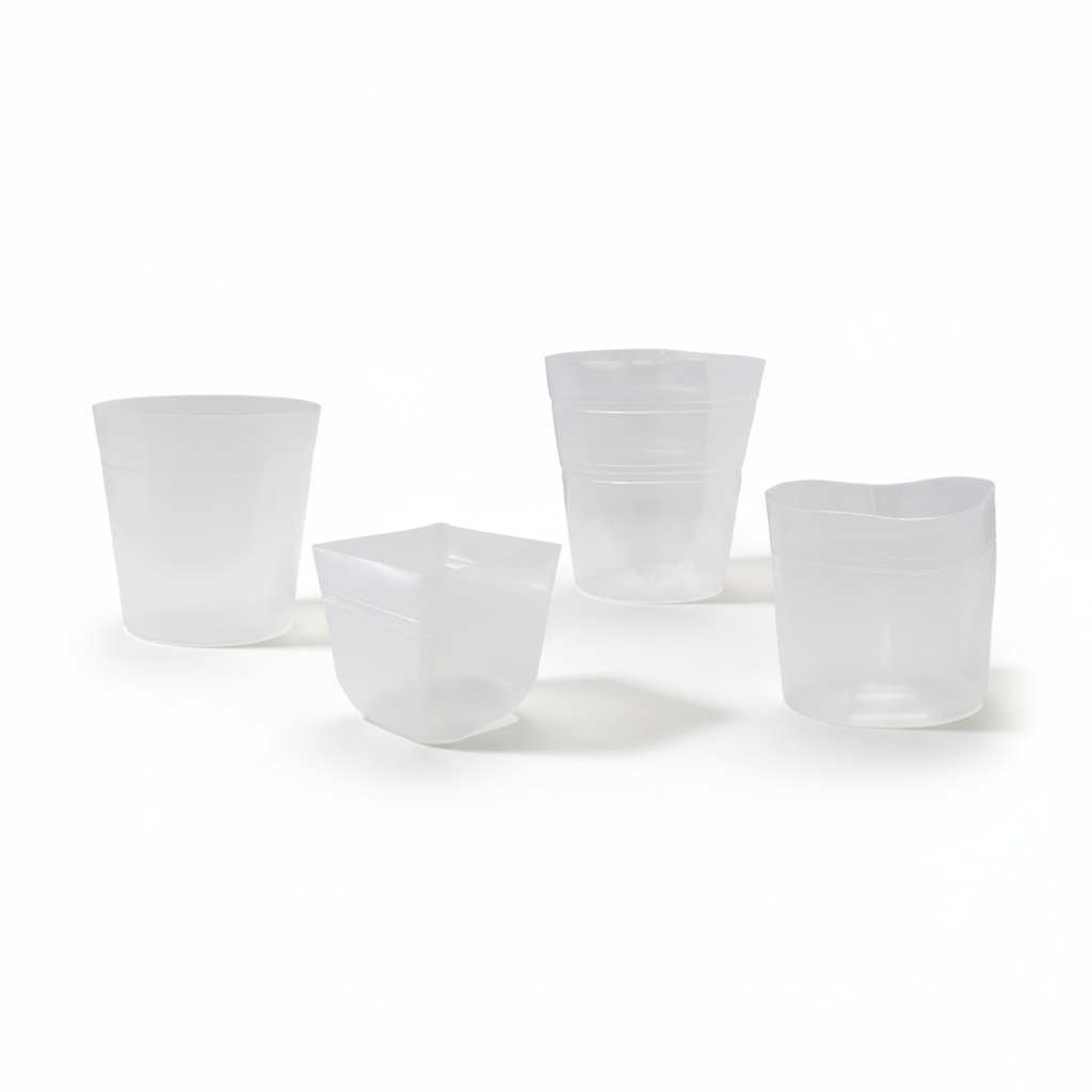 Set of four transparent BAQ plant liners in various sizes and shapes, designed for waterproofing planters and hydroculture planting.