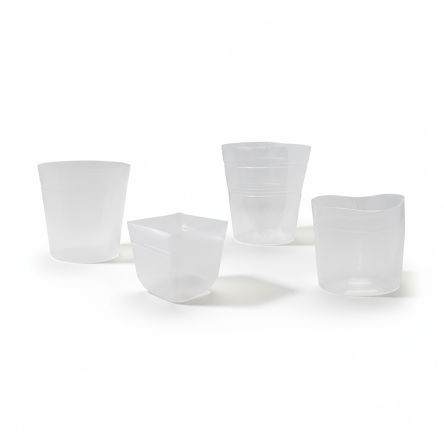 Set of four transparent BAQ plant liners in various sizes and shapes, designed for waterproofing planters and hydroculture planting.