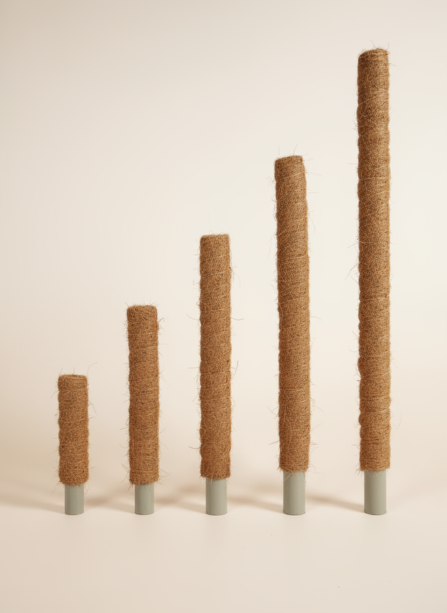 coco coir poles available in five sizes ranging from 30 cm to 150cm on a beige background