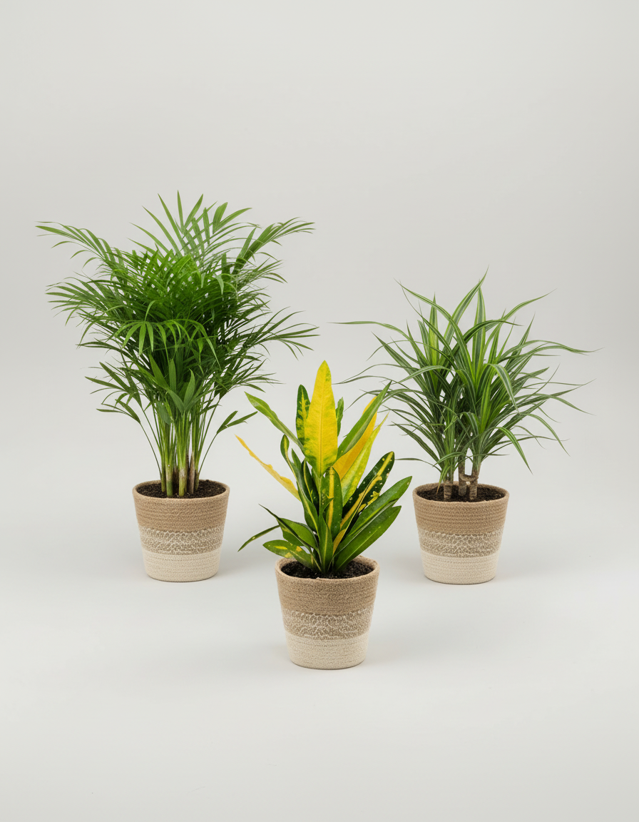 Three potted plants with woven pots on a white background