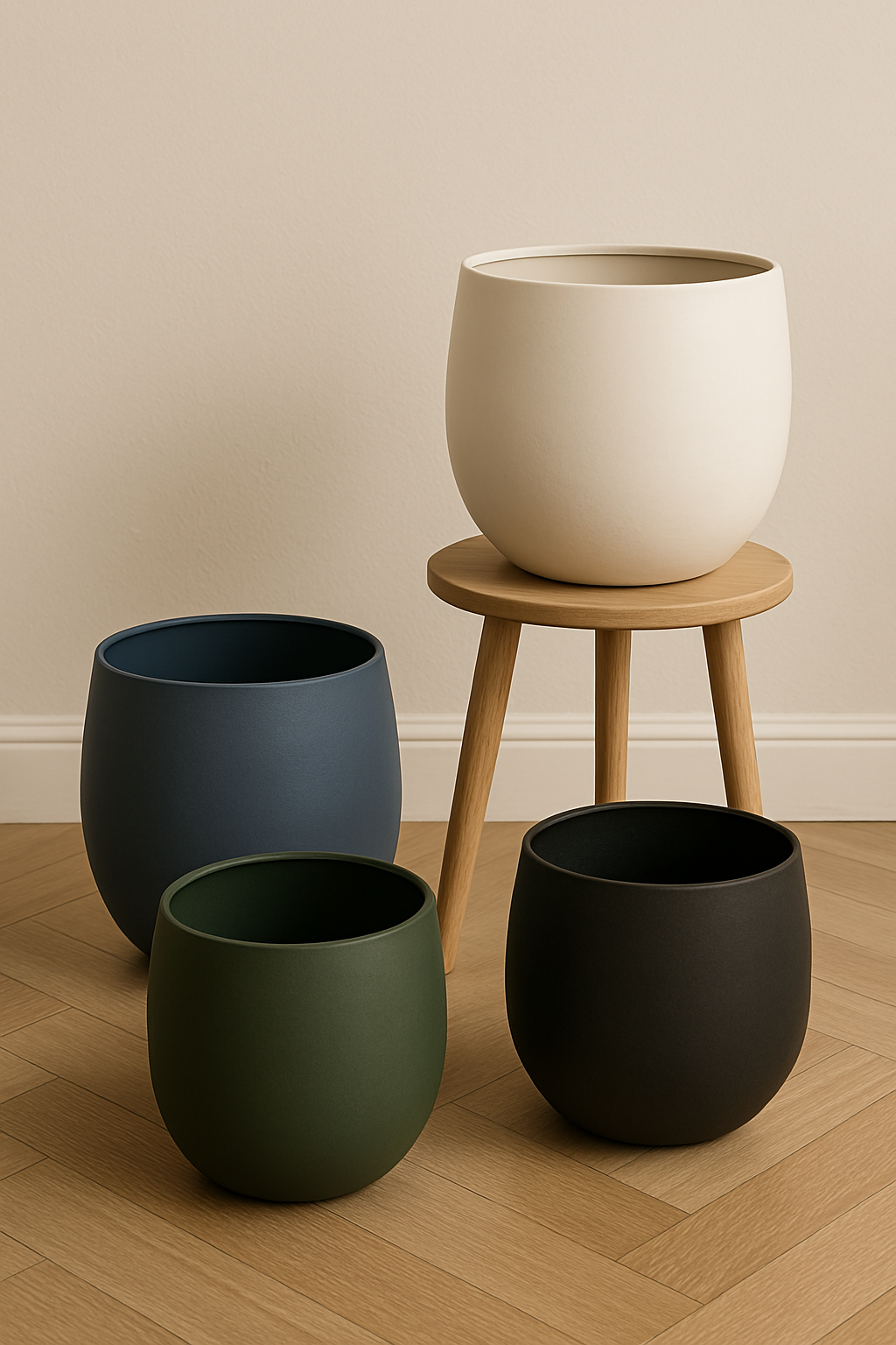 "Stijn Matte Metal and Enamel Planters in 4 colors and 3 sizes, ideal for enhancing your indoor plant display."