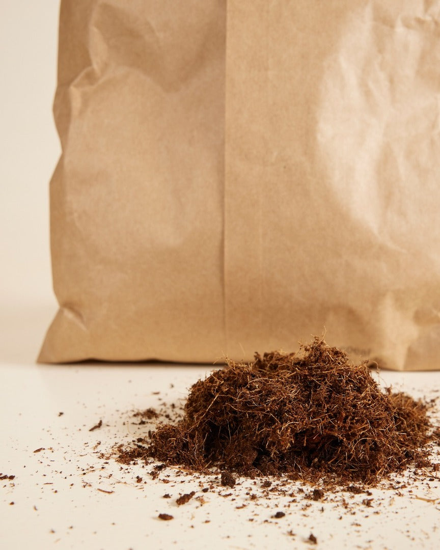 Brown paper bag with a pile of coco fibre material on a light background