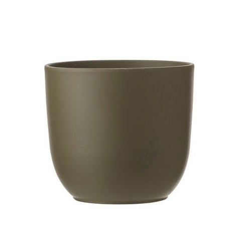 Green ceramic pot on a white background with Mica Pottery logo.