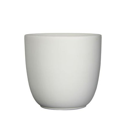 White ceramic pot on a white background with Mica Decorations logo.
