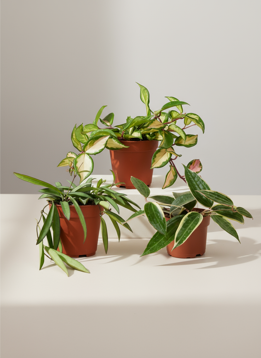 Hoya-Pflanzenset: Hoya Carnosa Tricolor, Wayetii, Latifolia Albomarginata
