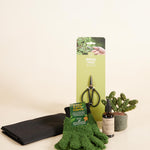 Gardening tools and supplies including a pair of shears, gloves, and a plant pot on a beige background.