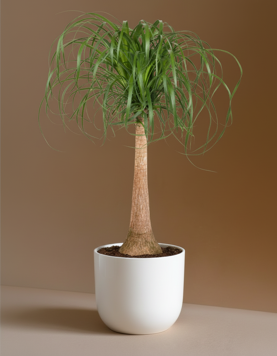 Potted plant with a brown trunk and green leaves on a beige background