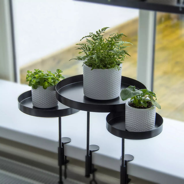 Plant Table with Attachment Clamp for Window Sill and Shelves in Black