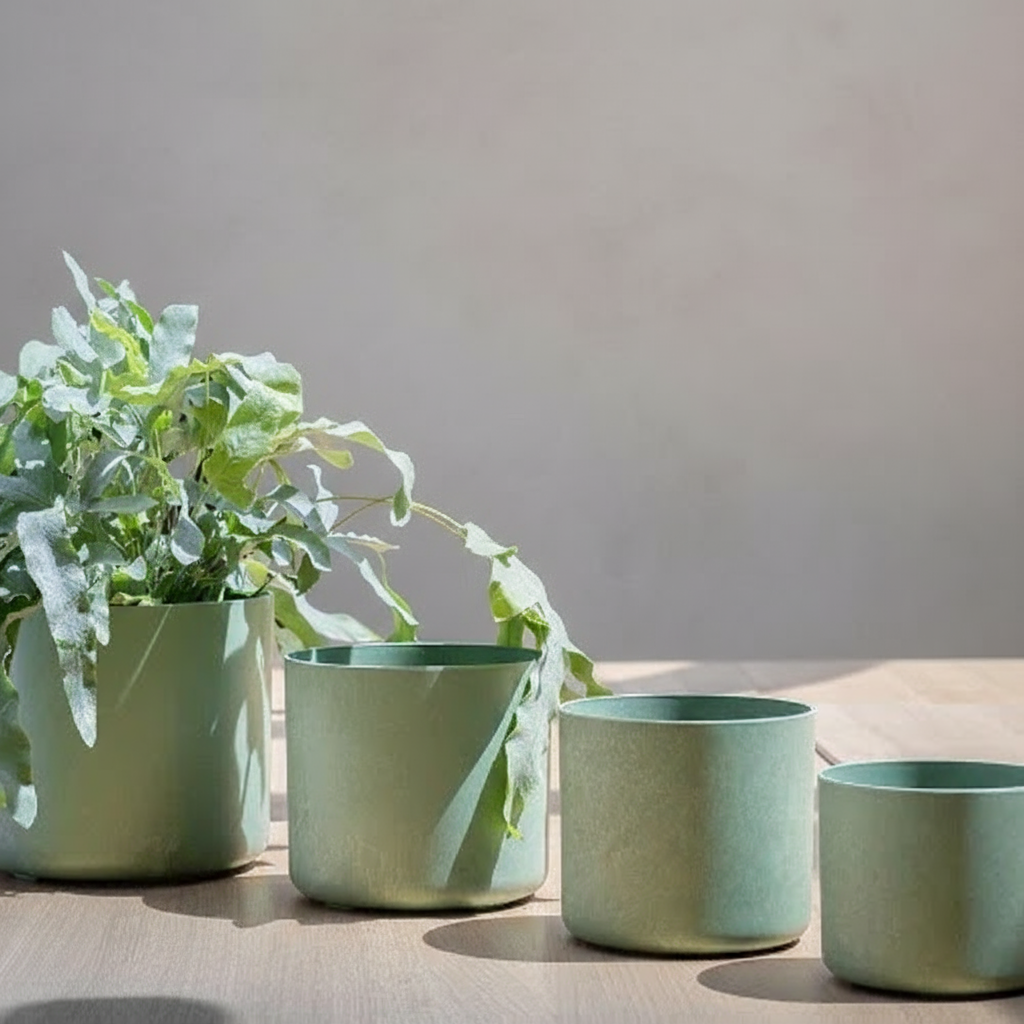 Four green recycled polymer pots with plants on a wooden surface against a neutral background